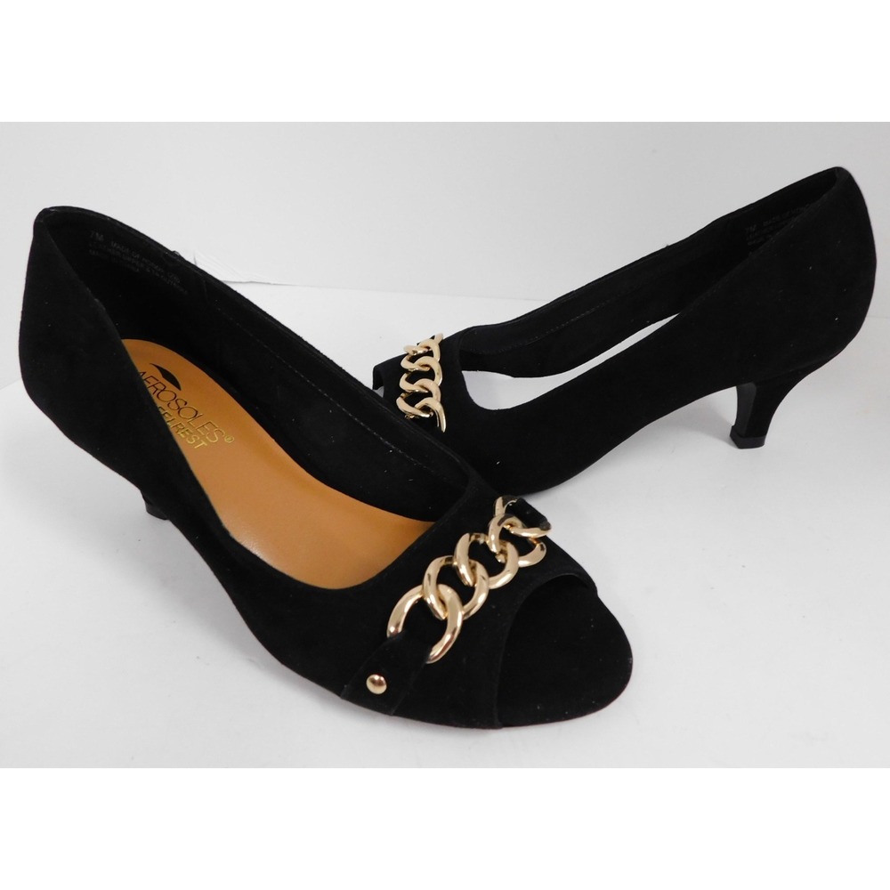 New Aerosoles Black Suede Leather Open Toe Pumps Gold Chain Accent 7 M